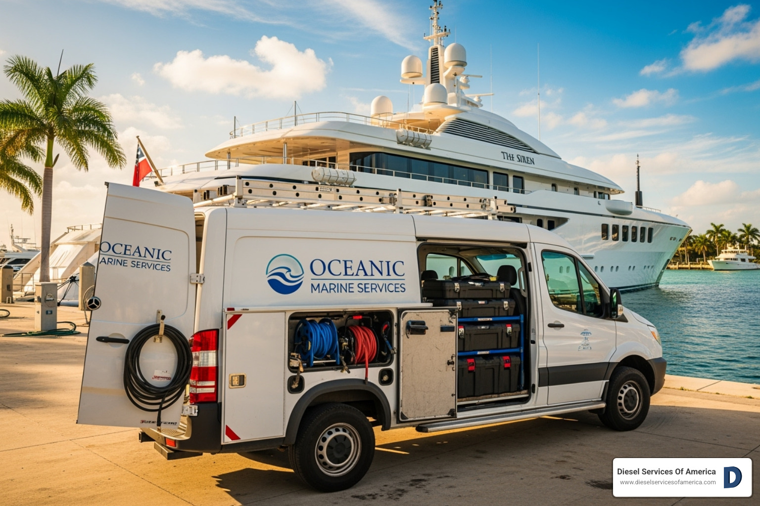 Service van parked dockside next to a large yacht - Diesel engine service South Florida