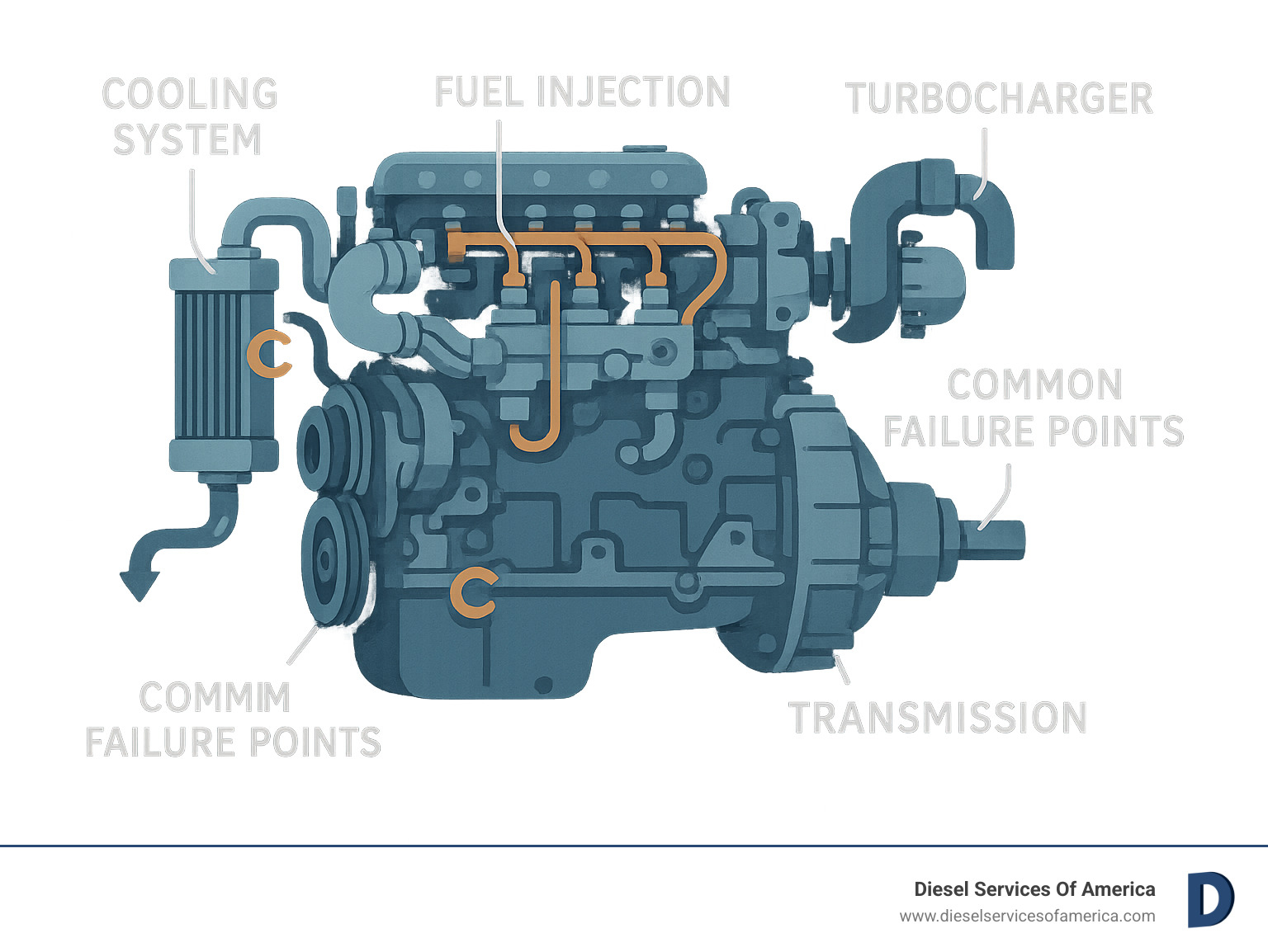 Comprehensive guide to marine diesel engine components showing cooling system, fuel injection, turbocharger, transmission connections, and common failure points specific to South Florida's saltwater marine environment - Diesel engine service South Florida infographic 