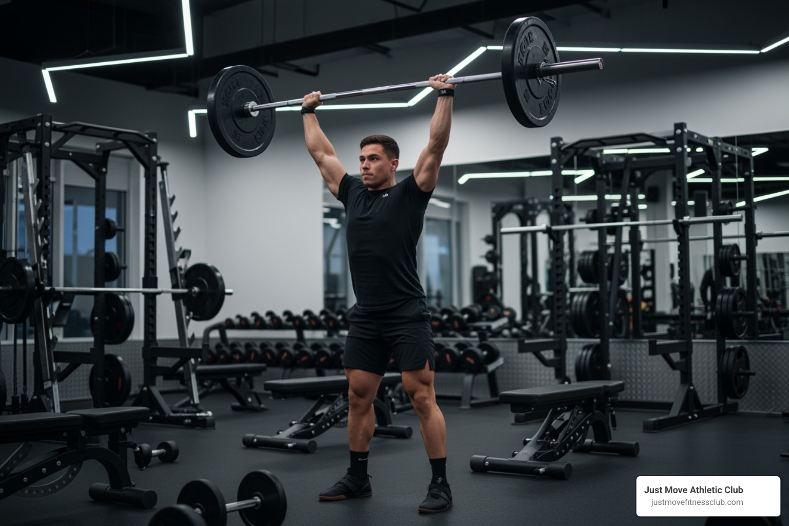 A person performing a clean and press with a barbell in a gym setting, demonstrating proper form and focus - pump class gym A person performing a clean and press with a barbell in a gym setting, demonstrating proper form and focus - pump class gym