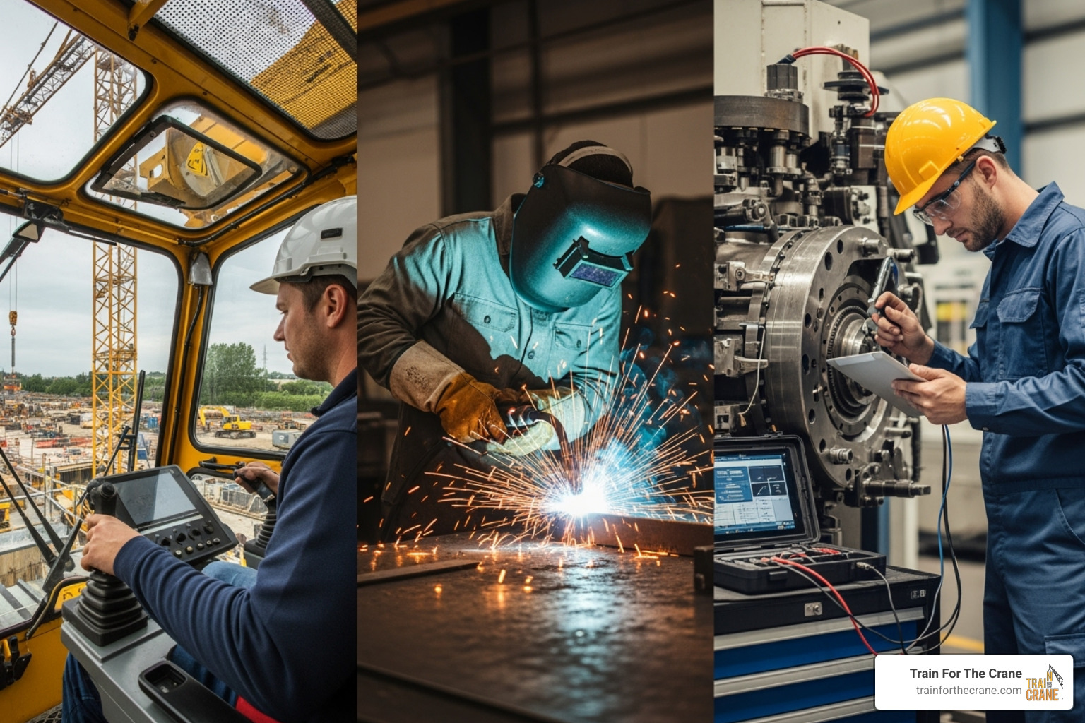 collage showing various trades: a crane operator at work, a welder with a torch, and a technician using diagnostic equipment - trade schools indianapolis indiana collage showing various trades: a crane operator at work, a welder with a torch, and a technician using diagnostic equipment - trade schools indianapolis indiana