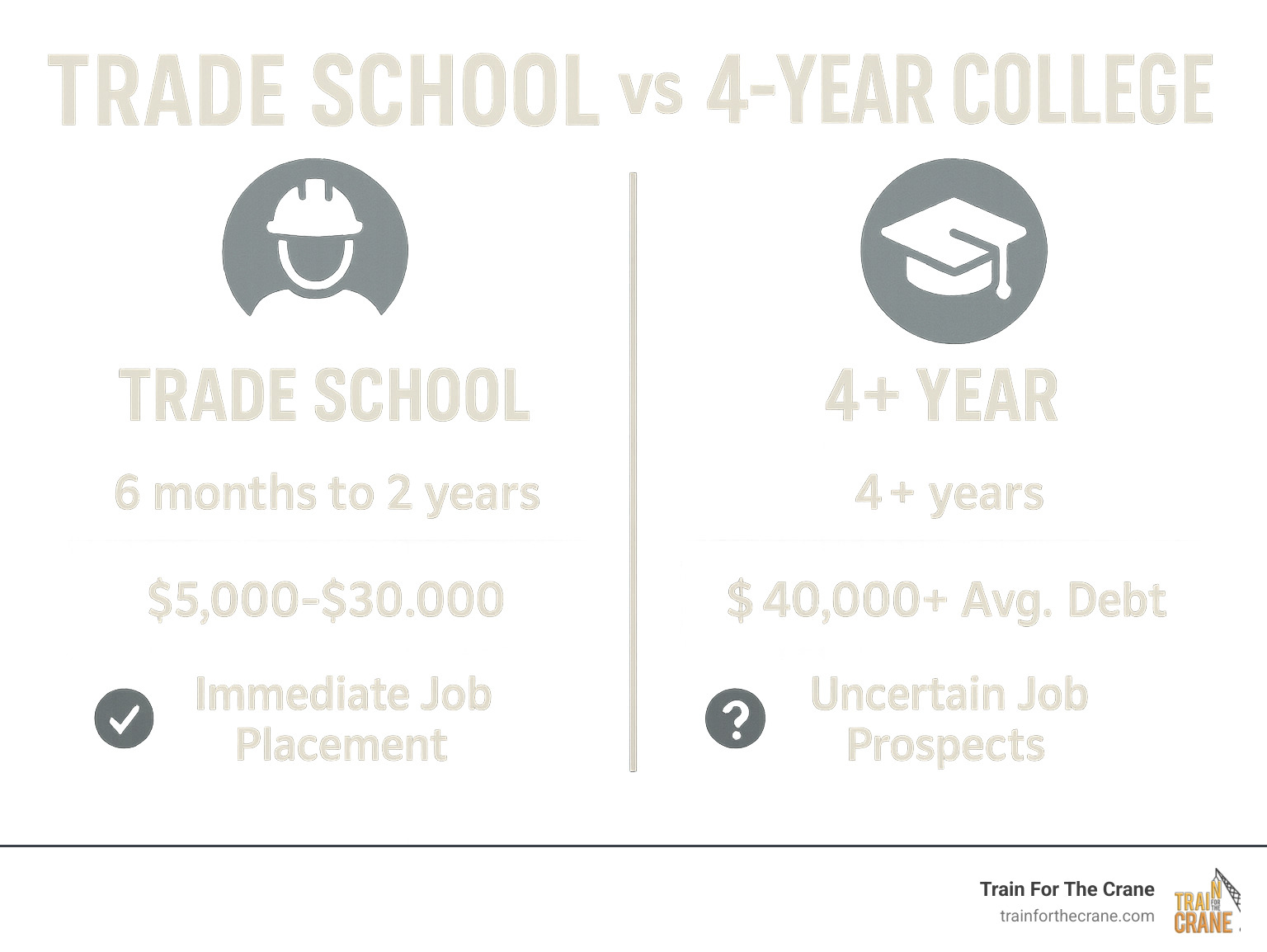 Infographic comparing trade school vs 4-year college showing trade school takes 6 months to 2 years with $5,000-$30,000 cost and immediate job placement, while 4-year college takes 4+ years with $40,000+ average debt and uncertain job prospects upon graduation - trade schools indianapolis indiana infographic Infographic comparing trade school vs 4-year college showing trade school takes 6 months to 2 years with $5,000-$30,000 cost and immediate job placement, while 4-year college takes 4+ years with $40,000+ average debt and uncertain job prospects upon graduation - trade schools indianapolis indiana infographic