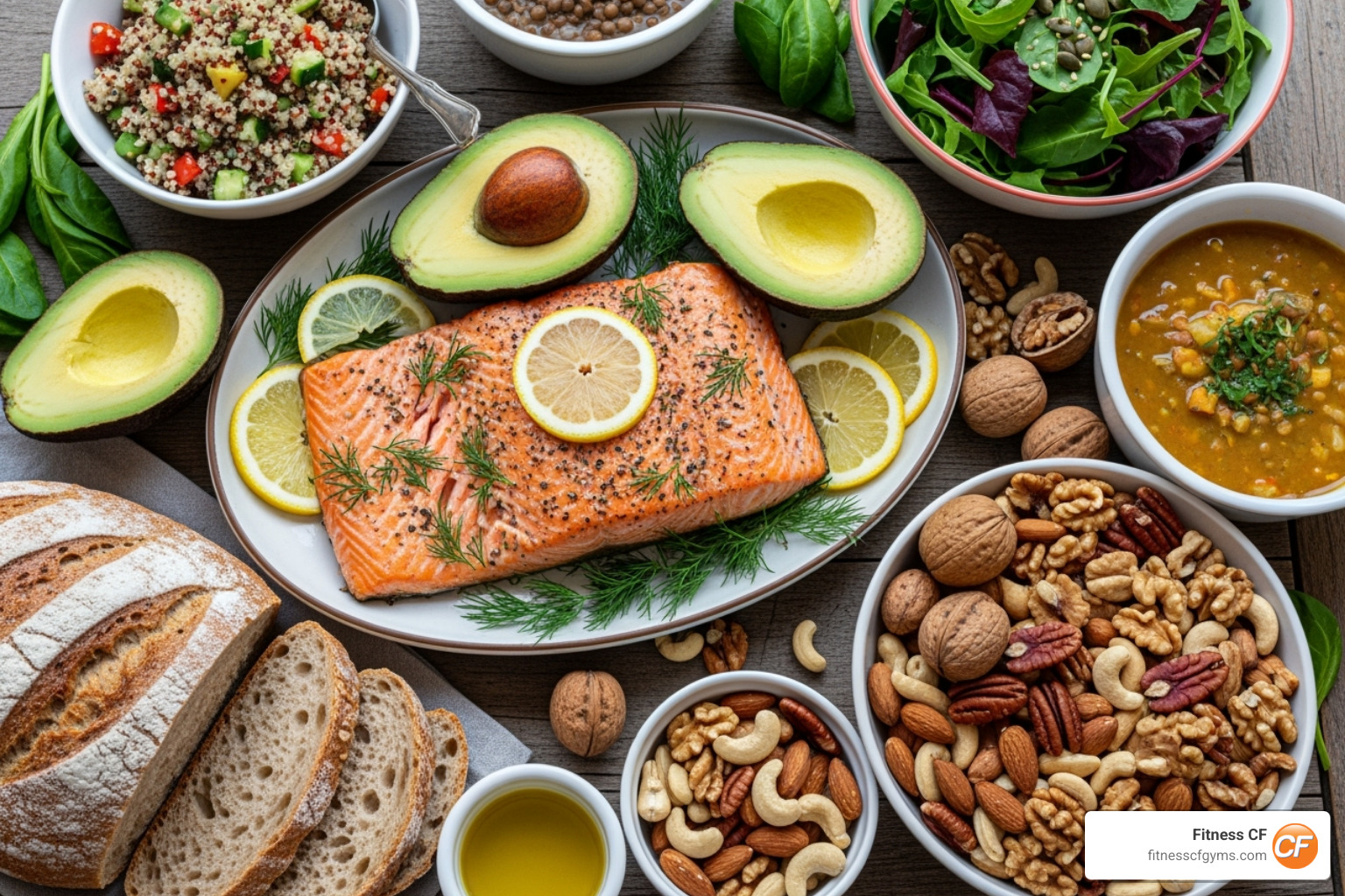 A colorful spread of high-calorie, healthy foods like avocados, nuts, salmon, and whole grains - how to gain weight fast