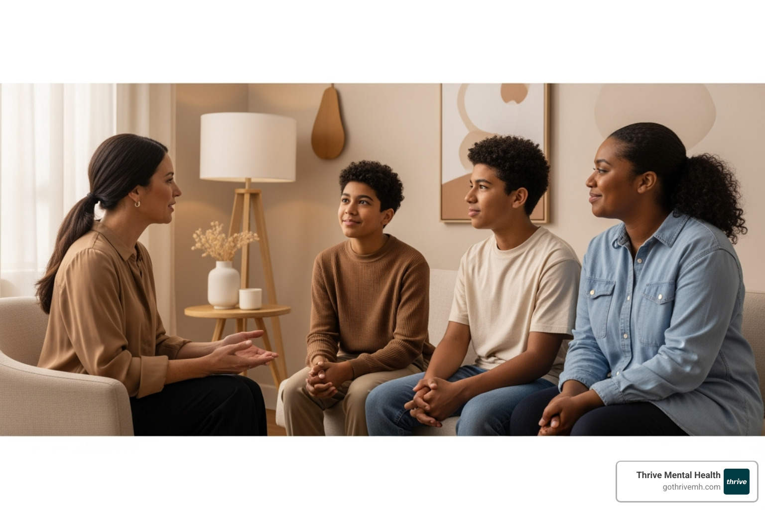 A compassionate therapist engaging in a conversation with a teen and their family in a warm, inviting setting - adolescent intensive outpatient programs near me