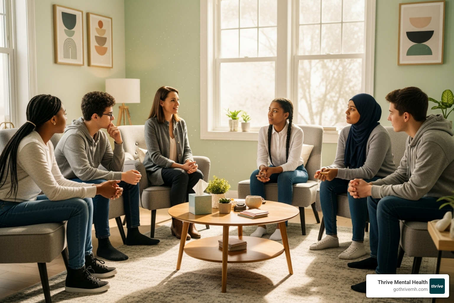 Teens participating in a supportive group therapy session, engaging with each other and a therapist - adolescent intensive outpatient programs near me