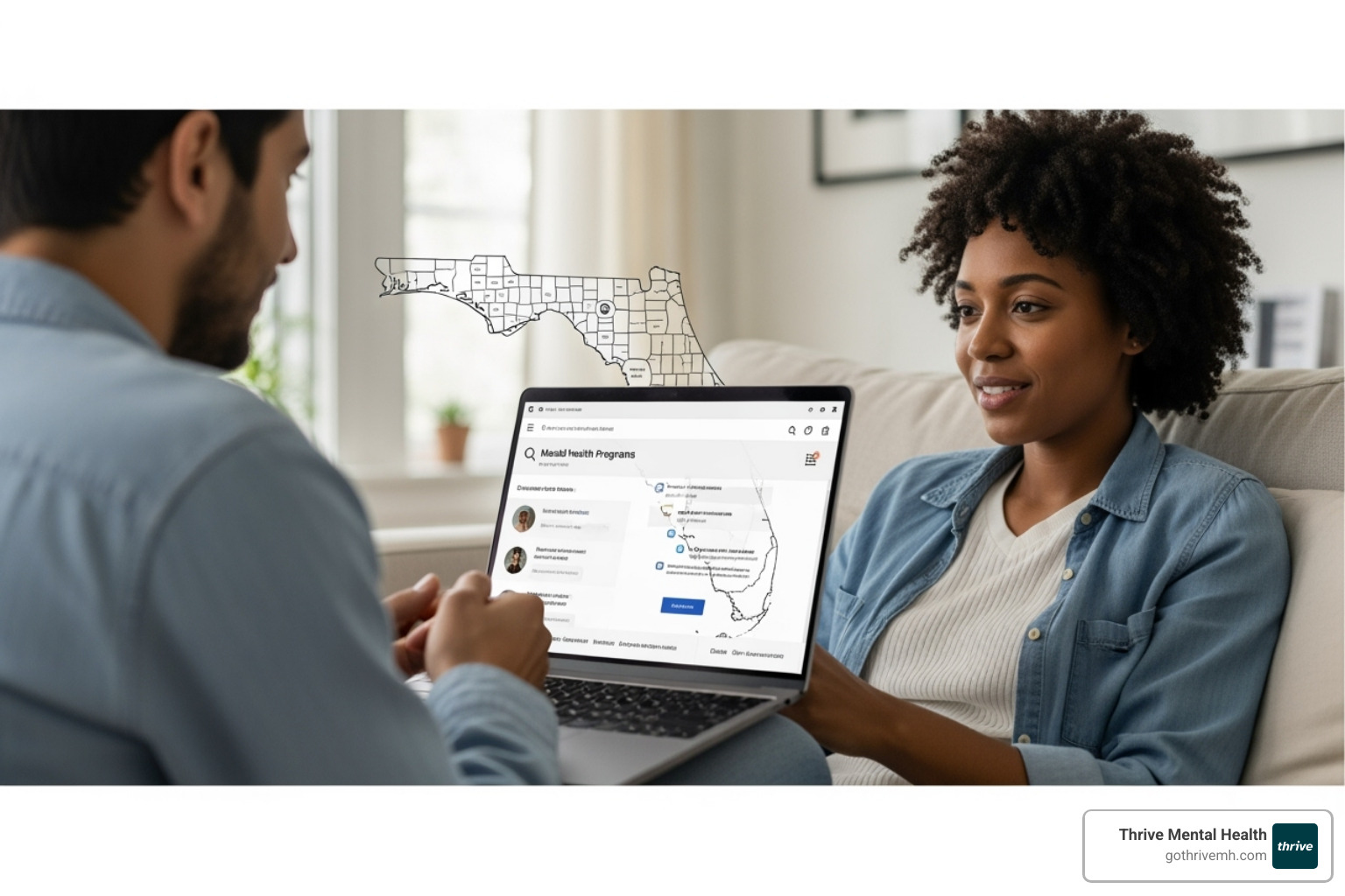 A parent searches for adolescent intensive outpatient programs near me on a laptop, with a map of Florida subtly integrated into the background - adolescent intensive outpatient programs near me