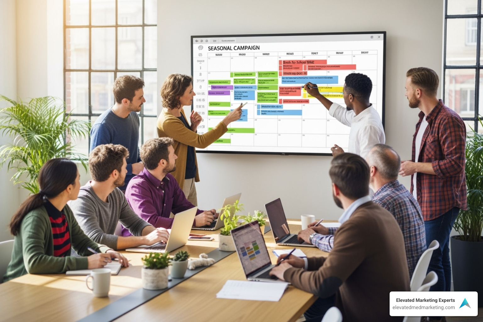marketing team collaborating around a calendar - Seasonal marketing campaigns