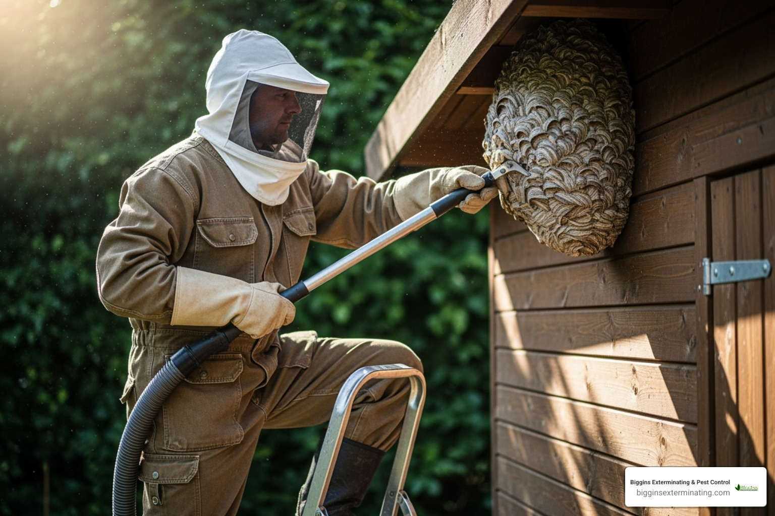 person in full protective gear for nest removal - how to remove a hornet nest from your house