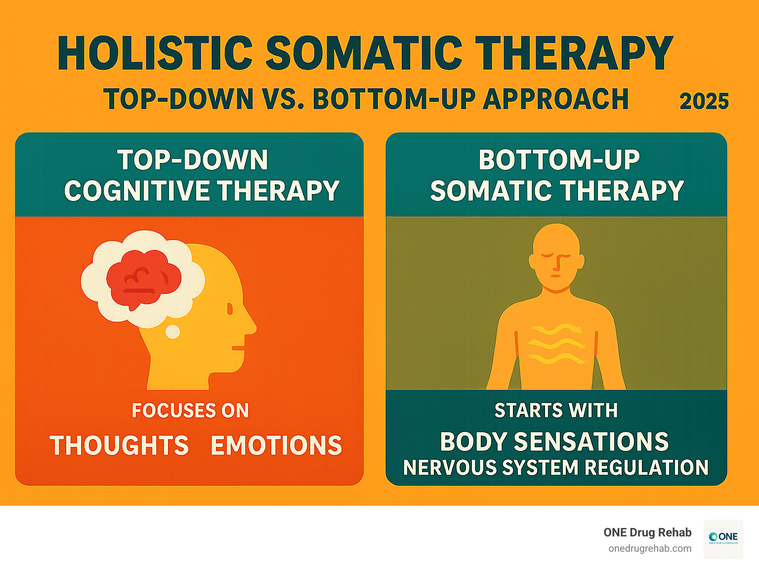 Detailed infographic showing the difference between top-down cognitive therapy approach focusing on thoughts and emotions versus bottom-up somatic therapy approach starting with body sensations and nervous system regulation - holistic somatic therapy infographic Detailed infographic showing the difference between top-down cognitive therapy approach focusing on thoughts and emotions versus bottom-up somatic therapy approach starting with body sensations and nervous system regulation - holistic somatic therapy infographic