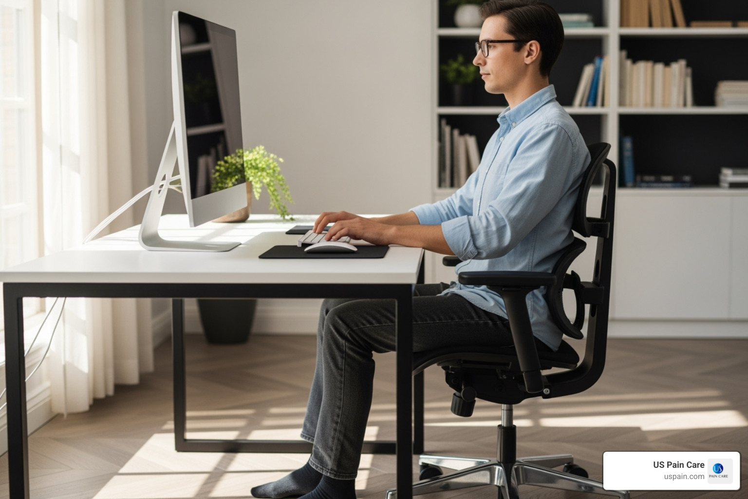 image of someone practicing good posture at a desk - conservative treatment for lumbar disc herniation