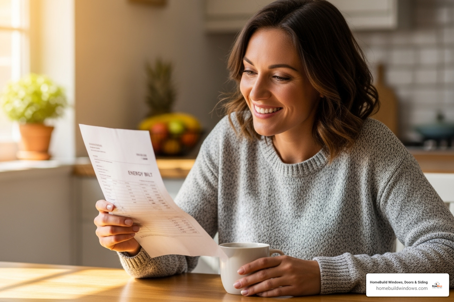 Image of a homeowner smiling at their lower energy bill - broken window replacement chicago