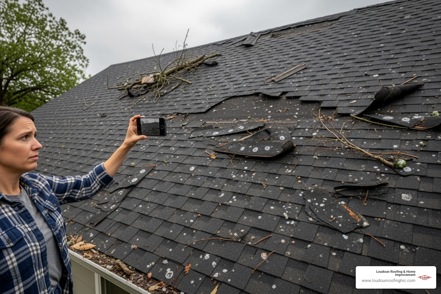 homeowner taking photos of damaged roof with smartphone - storm damage assessment