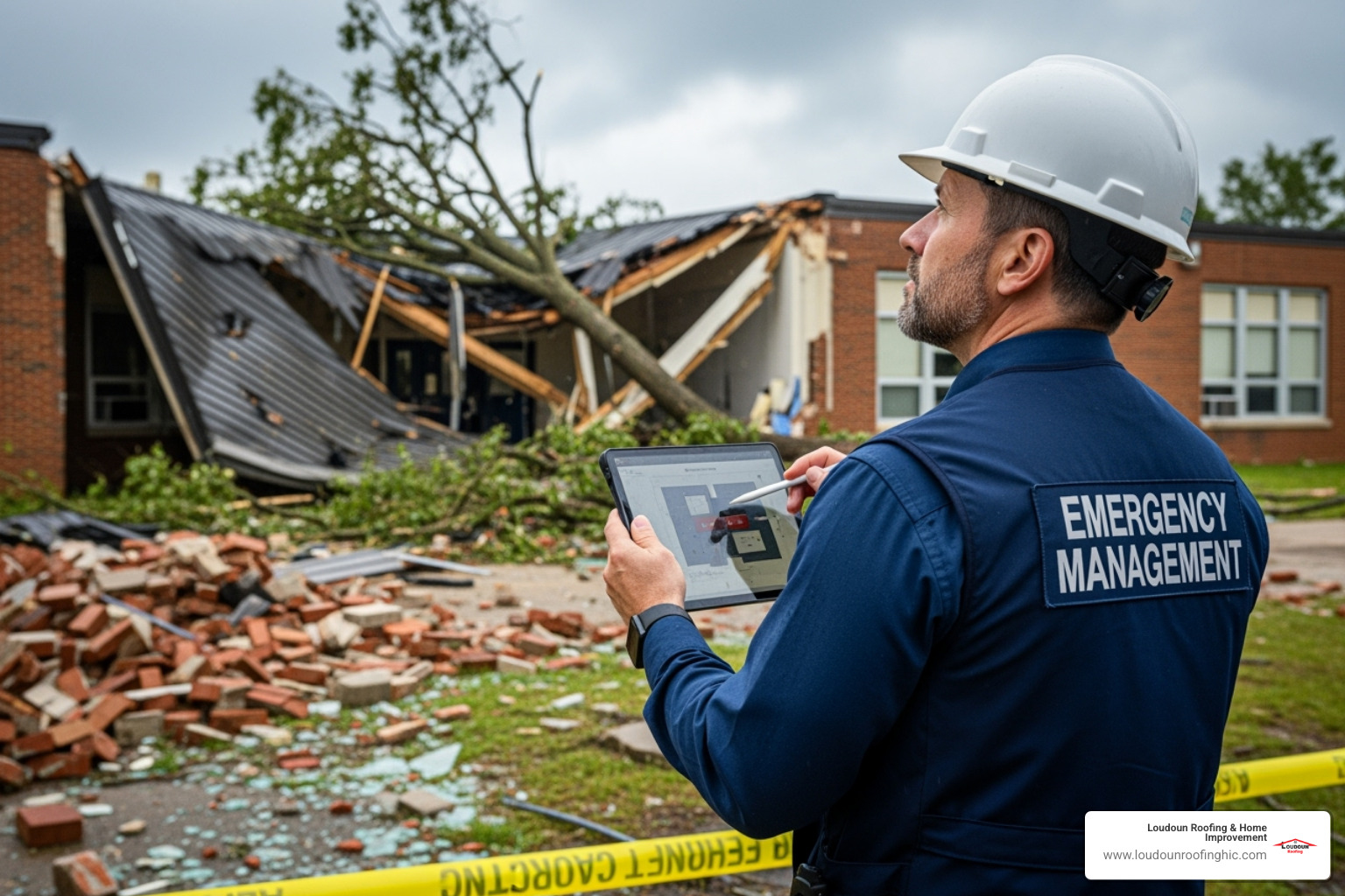 emergency management official assessing damaged public building - storm damage assessment