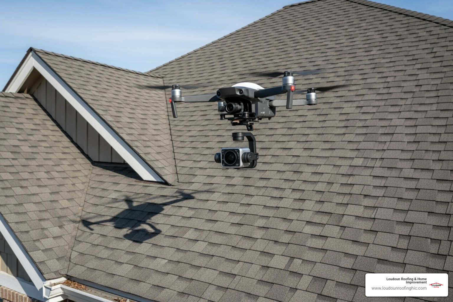 drone flying over house to inspect roof for damage - storm damage assessment