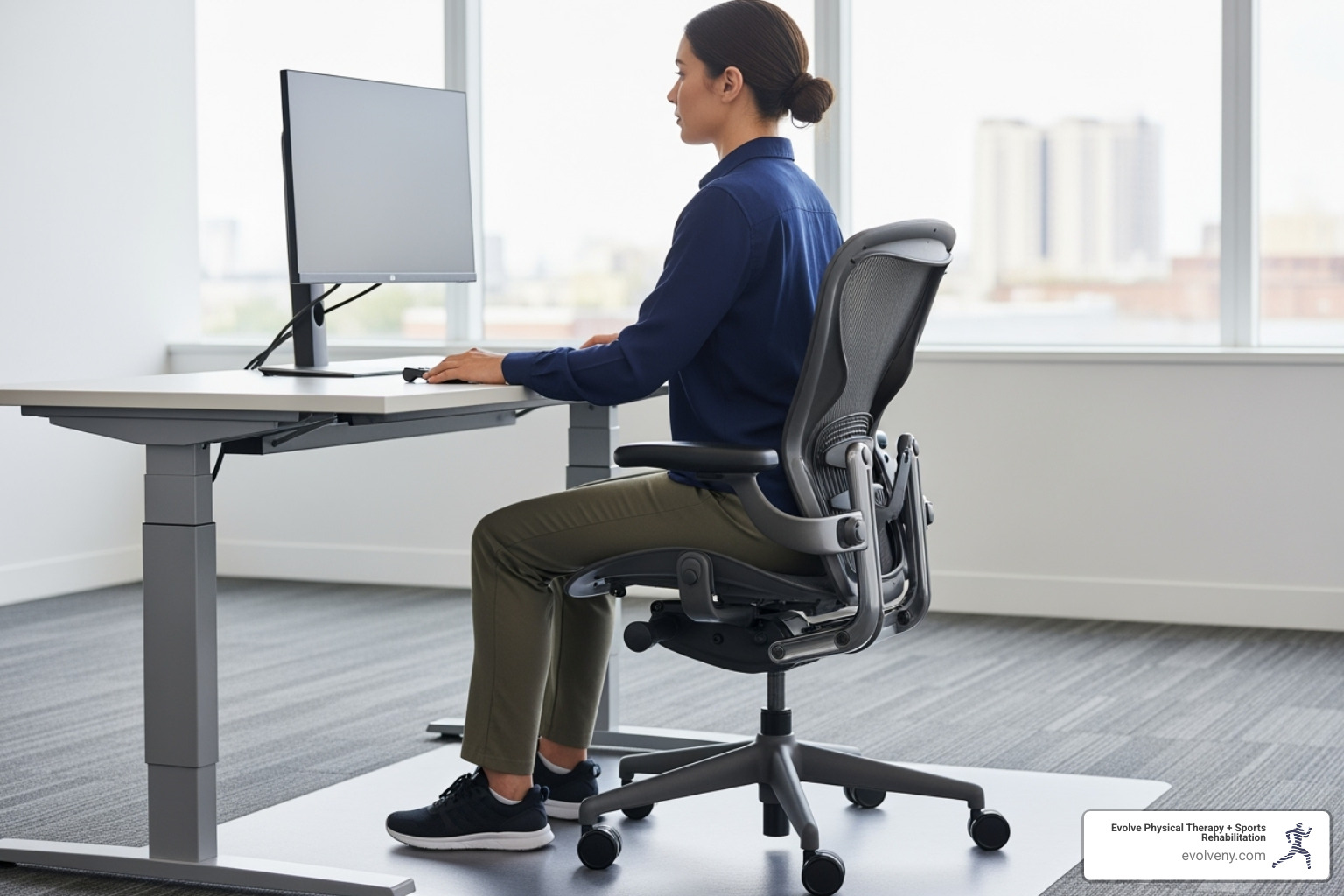 Image showing correct chair and monitor adjustments. Chair: seat height allows feet flat, knees 90 degrees, back supported. Monitor: top at eye level, arm's length away. - good posture for office workers