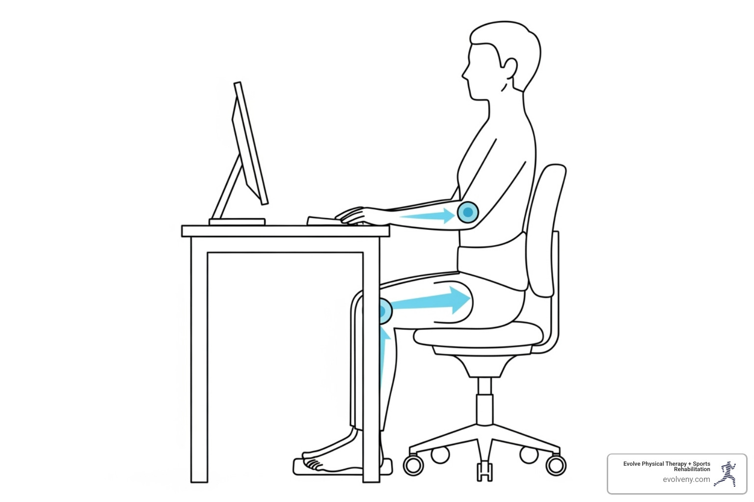 Diagram illustrating the key components of ideal sitting posture, with callouts for feet flat on floor, knees at 90 degrees, hips slightly above knees, back supported, shoulders relaxed, elbows at 90 degrees, and monitor at eye level - good posture for office workers