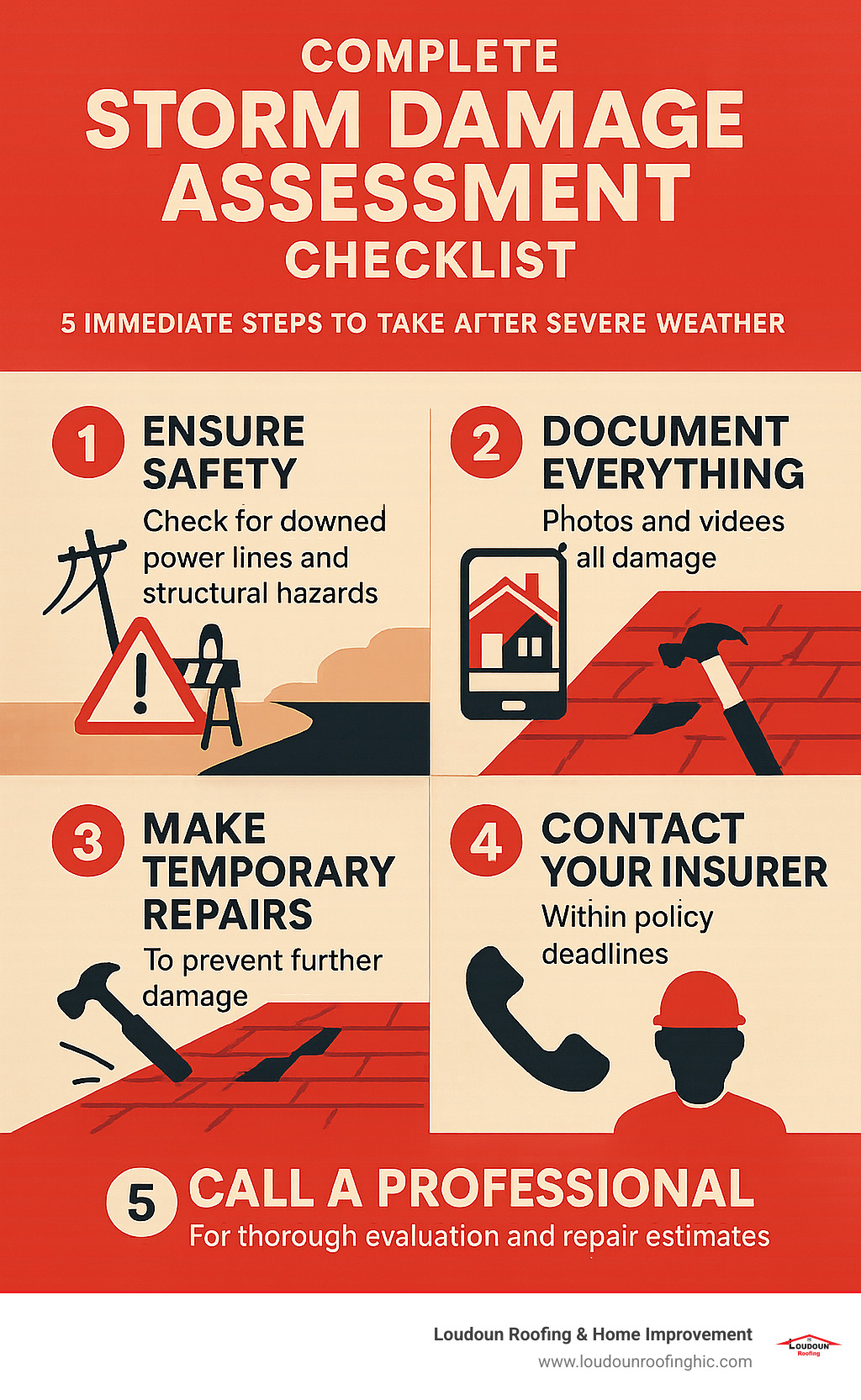 Complete storm damage assessment checklist showing 5 immediate steps homeowners should take after severe weather: 1. Ensure Safety by checking for downed power lines and structural hazards, 2. Document Everything with photos and videos of all damage, 3. Make Temporary Repairs to prevent further damage, 4. Contact Your Insurer within policy deadlines, 5. Call a Professional for thorough evaluation and repair estimates - storm damage assessment infographic 