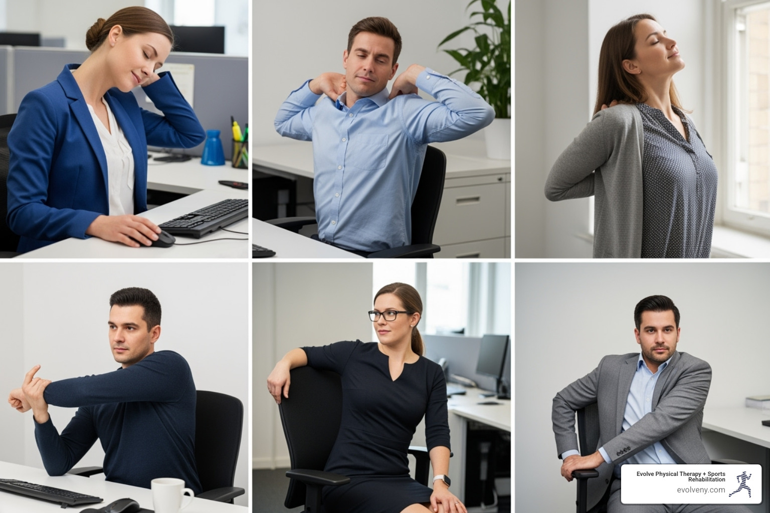 Collage of desk stretches including neck rotation, shoulder shrugs, chest opener, wrist flex/extend, and seated torso twist - good posture for office workers
