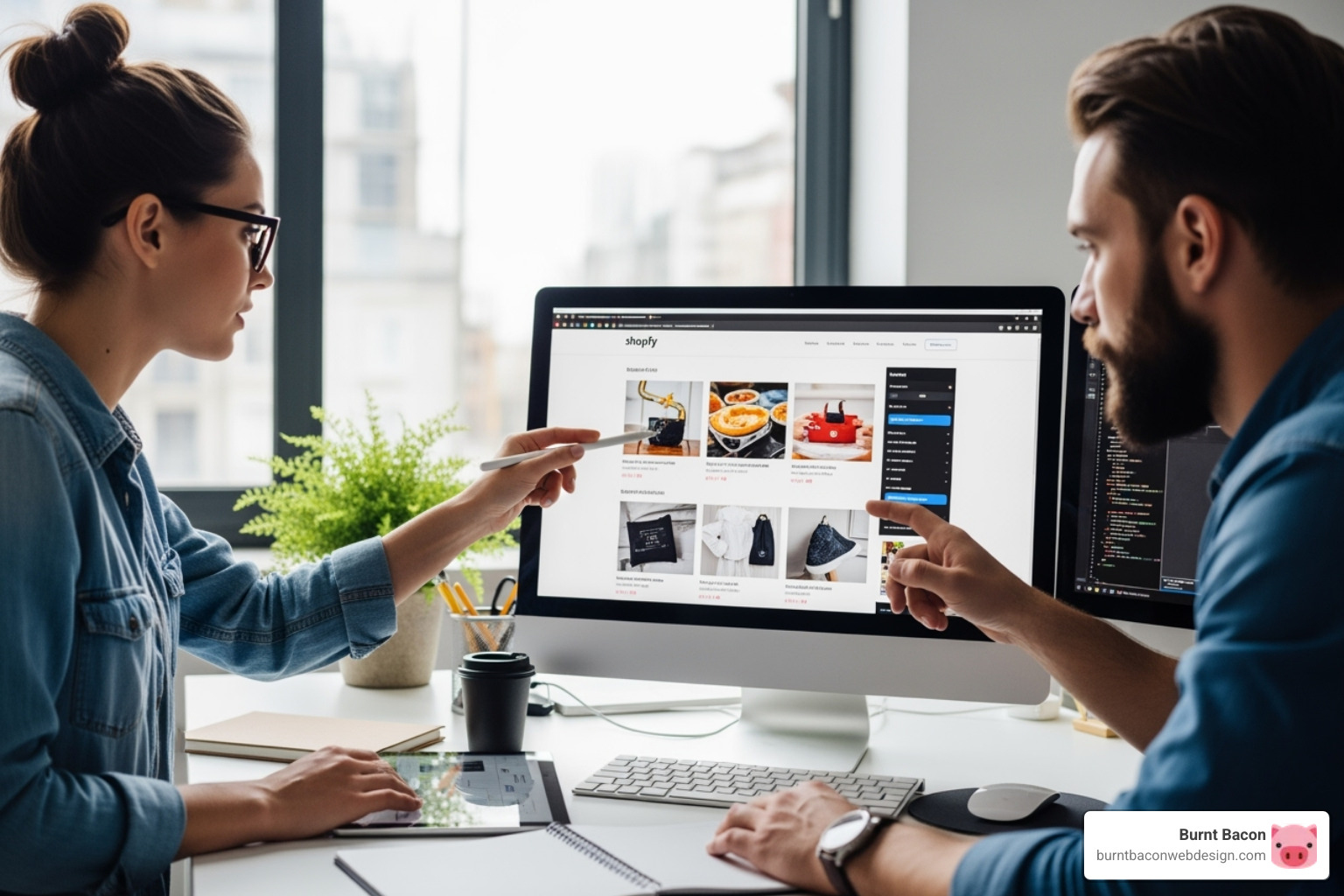 Designer and developer collaborating on a Shopify store layout - Utah Shopify development Designer and developer collaborating on a Shopify store layout - Utah Shopify development