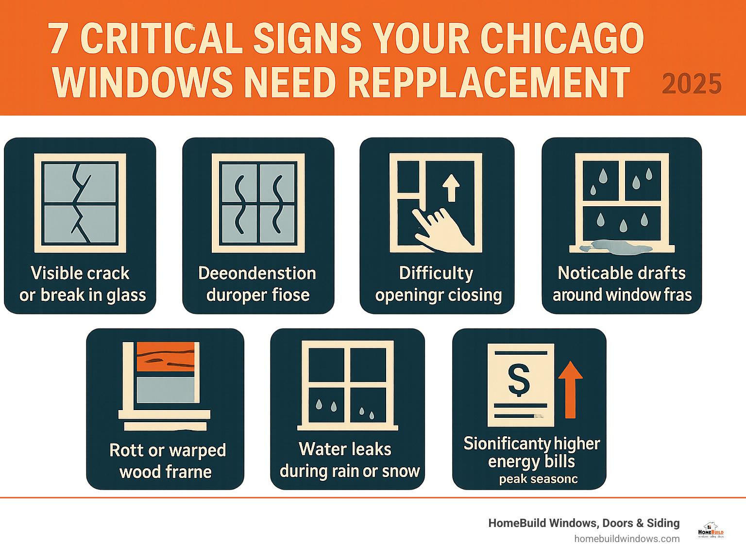 Infographic showing the 7 critical signs your Chicago windows need immediate replacement: visible cracks or breaks in glass, condensation between double-pane glass indicating seal failure, difficulty opening or closing windows, noticeable drafts around window frames, water leaks during rain or snow, rotting or warped wood frames, and significantly higher energy bills during peak seasons - broken window replacement chicago infographic 