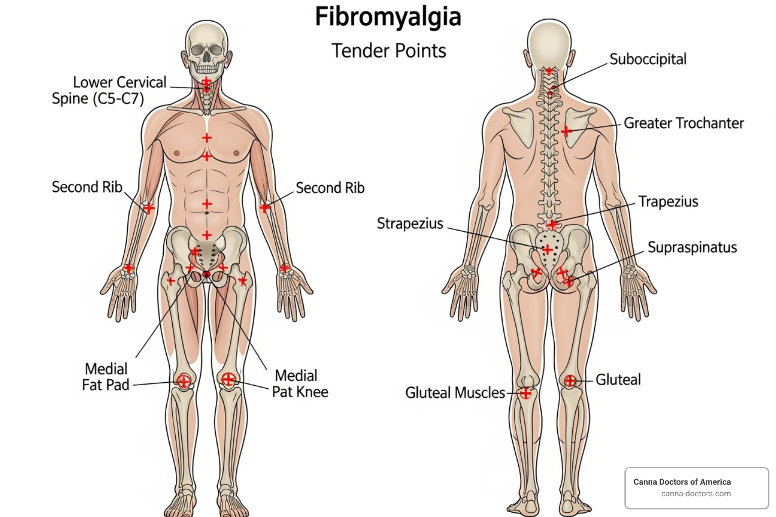 illustration of common tender points associated with fibromyalgia - fibromyalgia medical marijuana