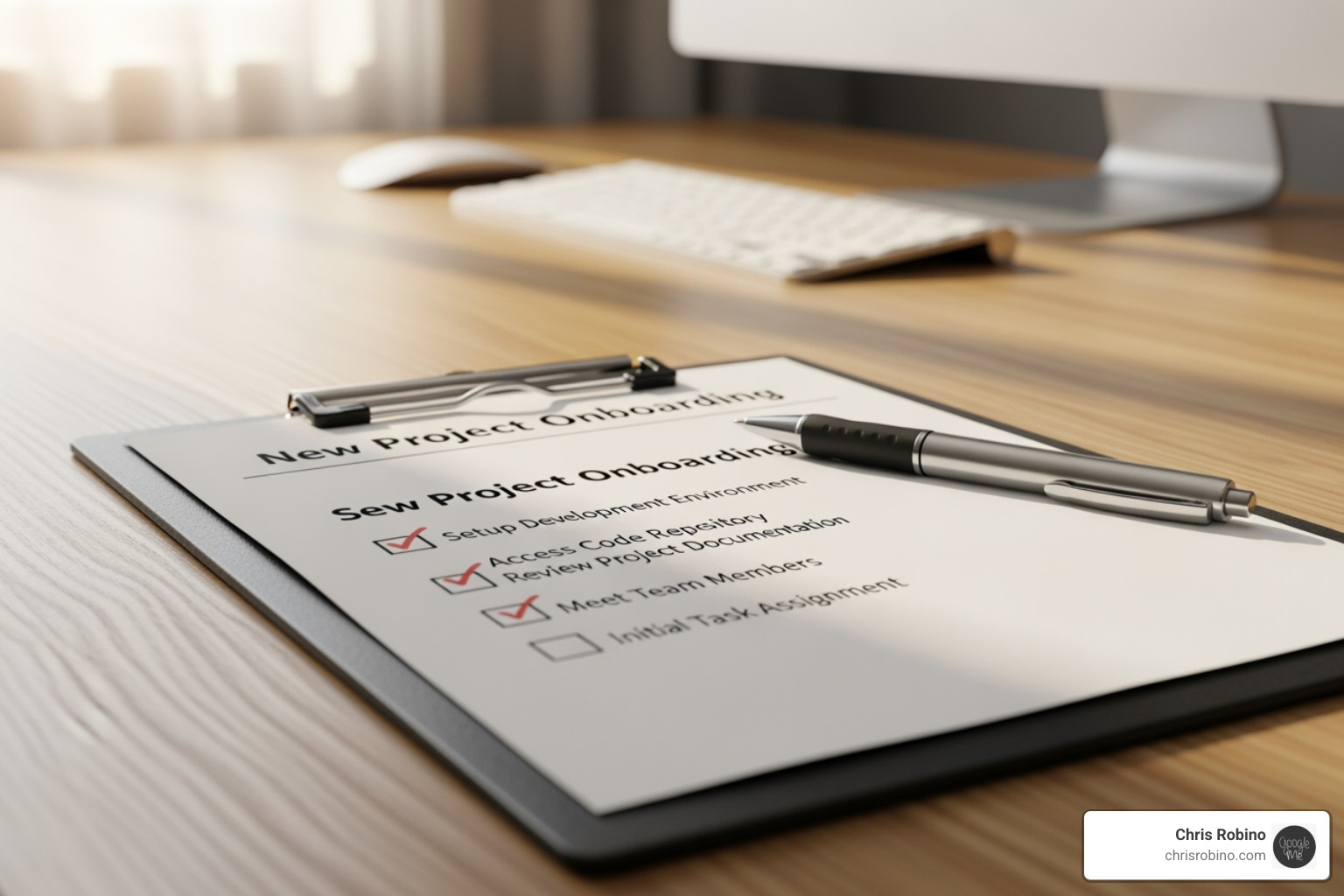 A project onboarding checklist on a clipboard with a pen - saas content marketing consultant