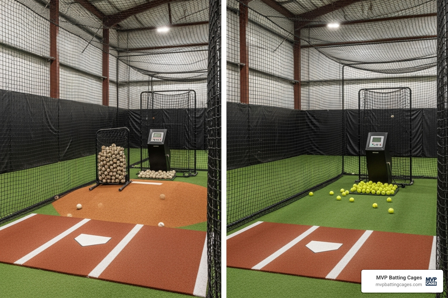 different cage setups, one for baseball and one for softball - batting cage rentals