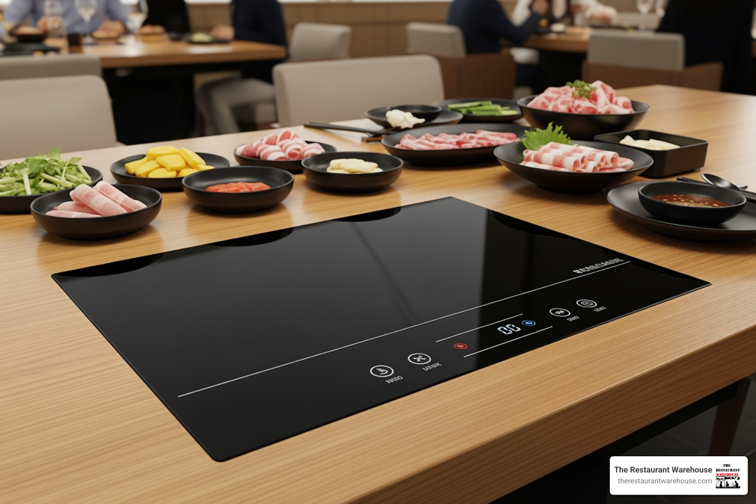 A sleek, modern electric tabletop griddle integrated into a dining table, showcasing its compact design and user-friendly controls. - restaurant table top grill