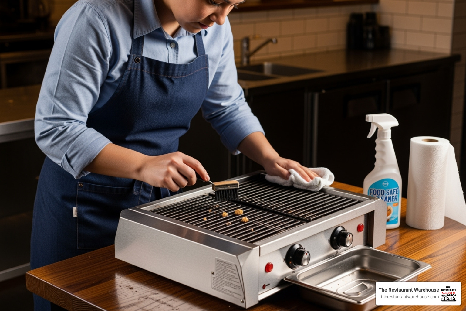 A staff member carefully cleaning a tabletop grill unit after service, demonstrating meticulous attention to hygiene and maintenance. - restaurant table top grill