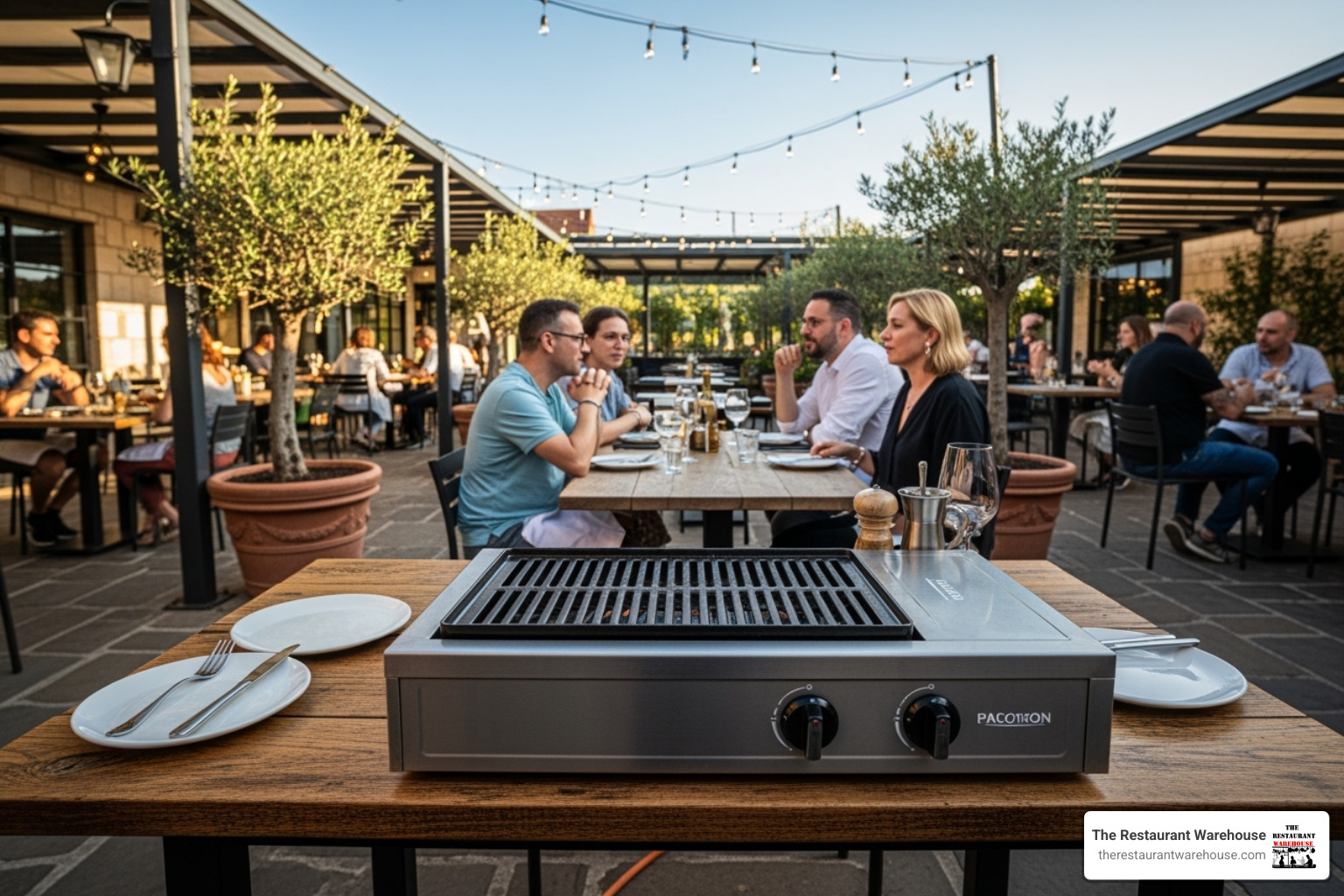 A gas tabletop grill on an outdoor restaurant patio, ready for a lively cooking session under the open sky. - restaurant table top grill
