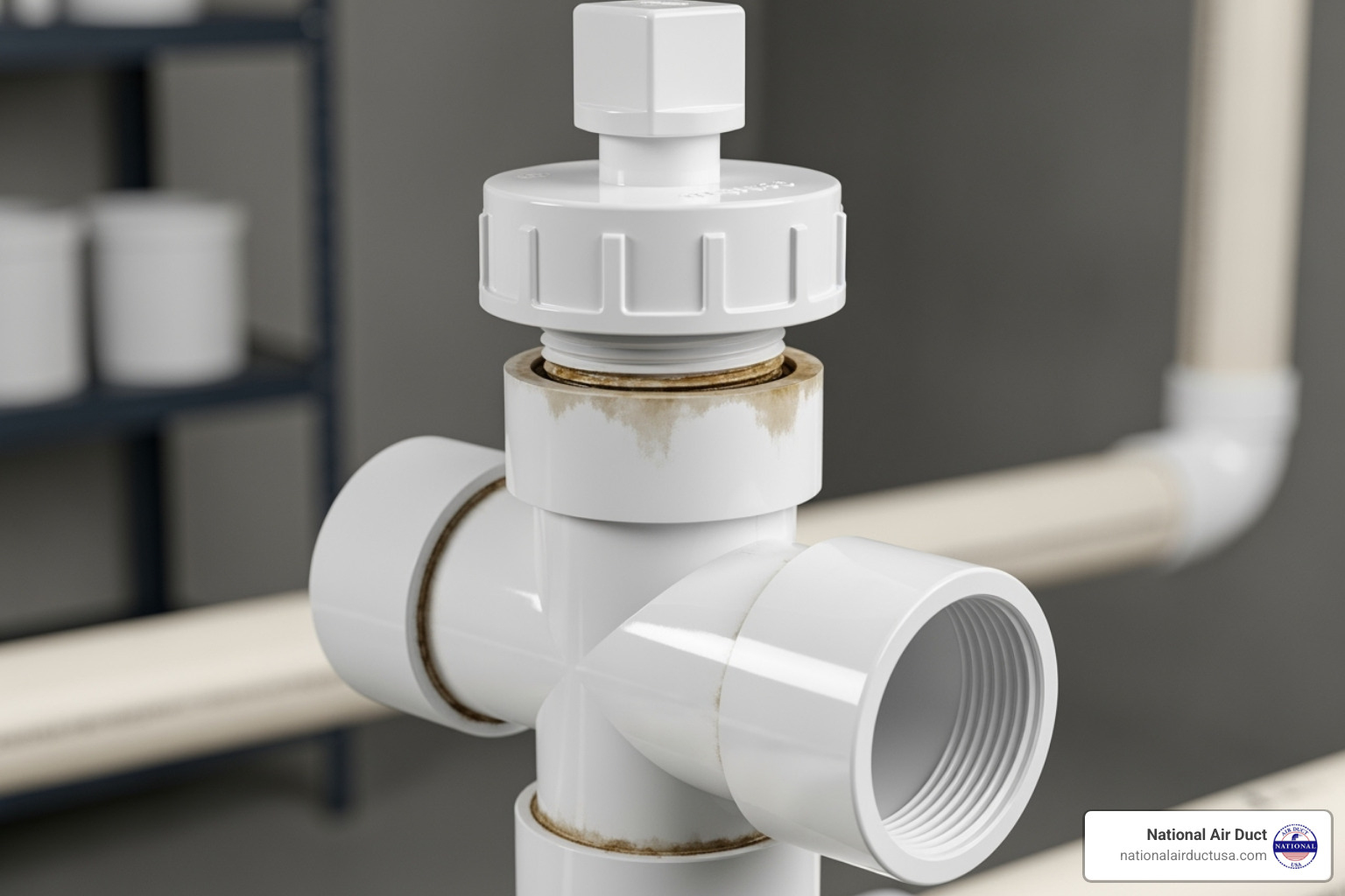 showing a close-up of a PVC cleanout tee - clean air conditioner drain line