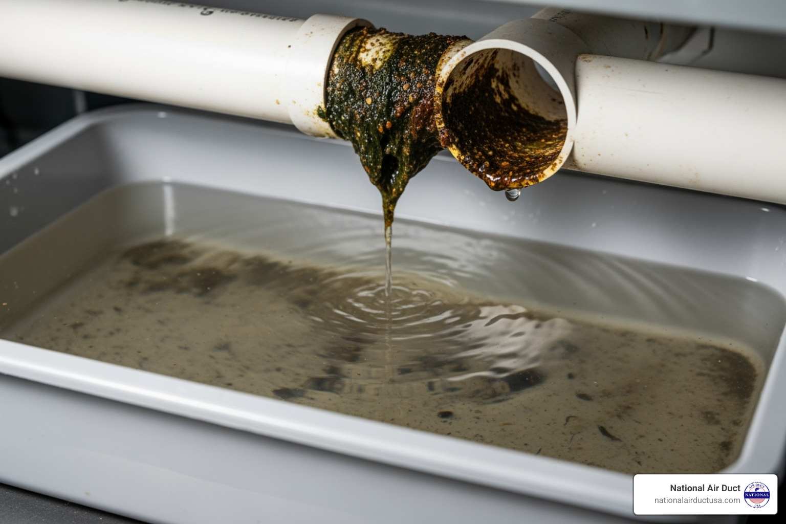of a full AC drain pan with standing water - clean air conditioner drain line