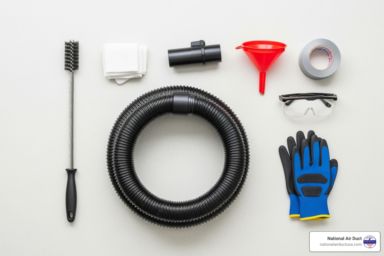 of all the necessary tools and safety gear laid out - clean air conditioner drain line