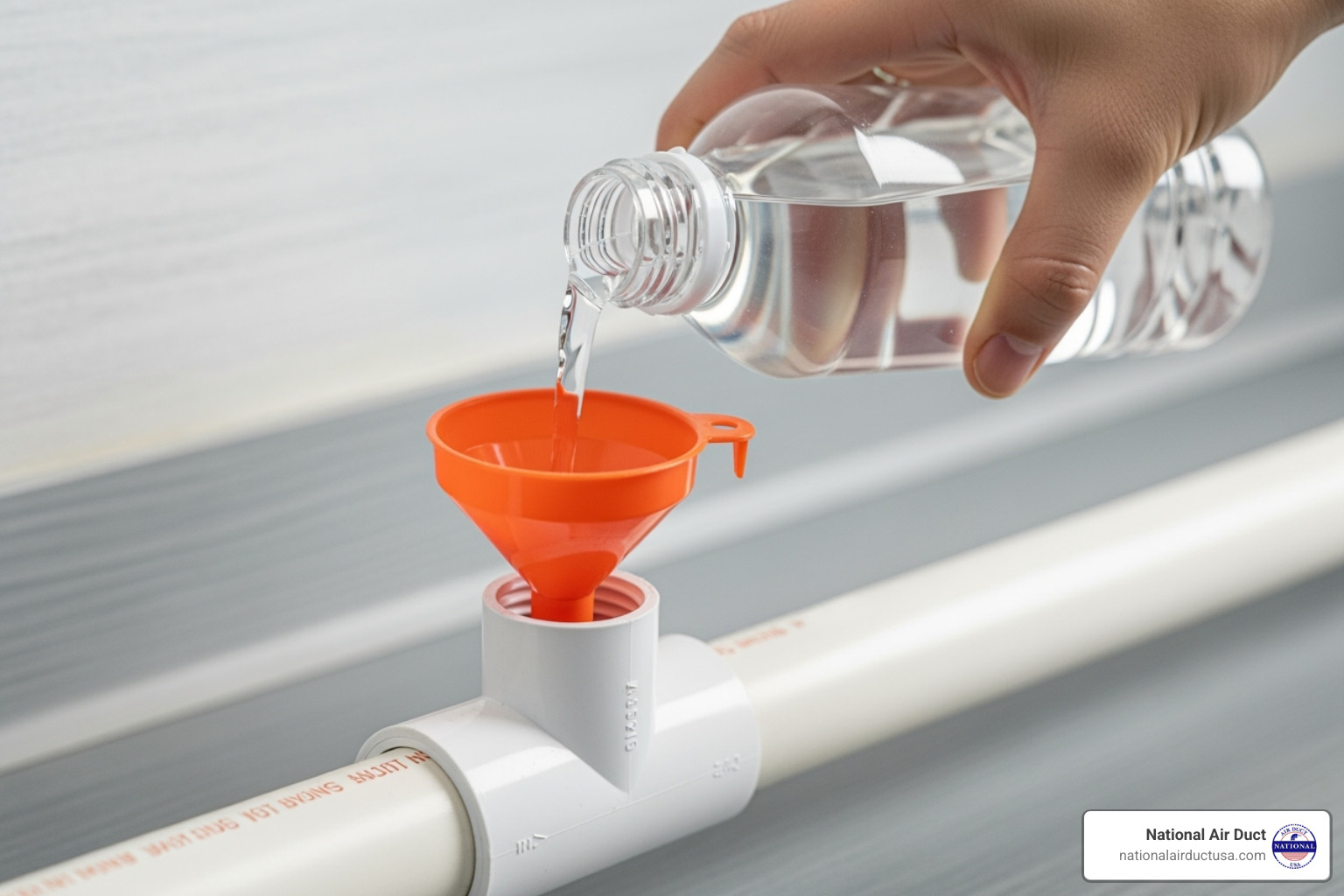 of pouring vinegar solution into the cleanout tee - clean air conditioner drain line