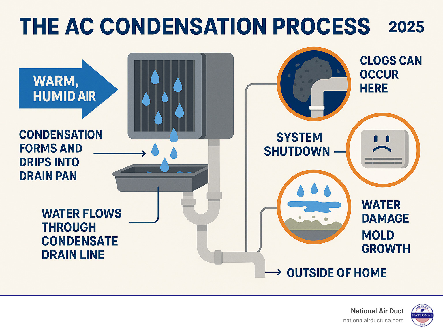 Infographic showing the AC condensation process: warm humid air enters the evaporator coil, condensation forms and drips into the drain pan, water flows through the condensate drain line to exit outside the home, with callouts showing where clogs typically occur and the consequences of blockages including system shutdown, water damage, and mold growth - clean air conditioner drain line infographic 