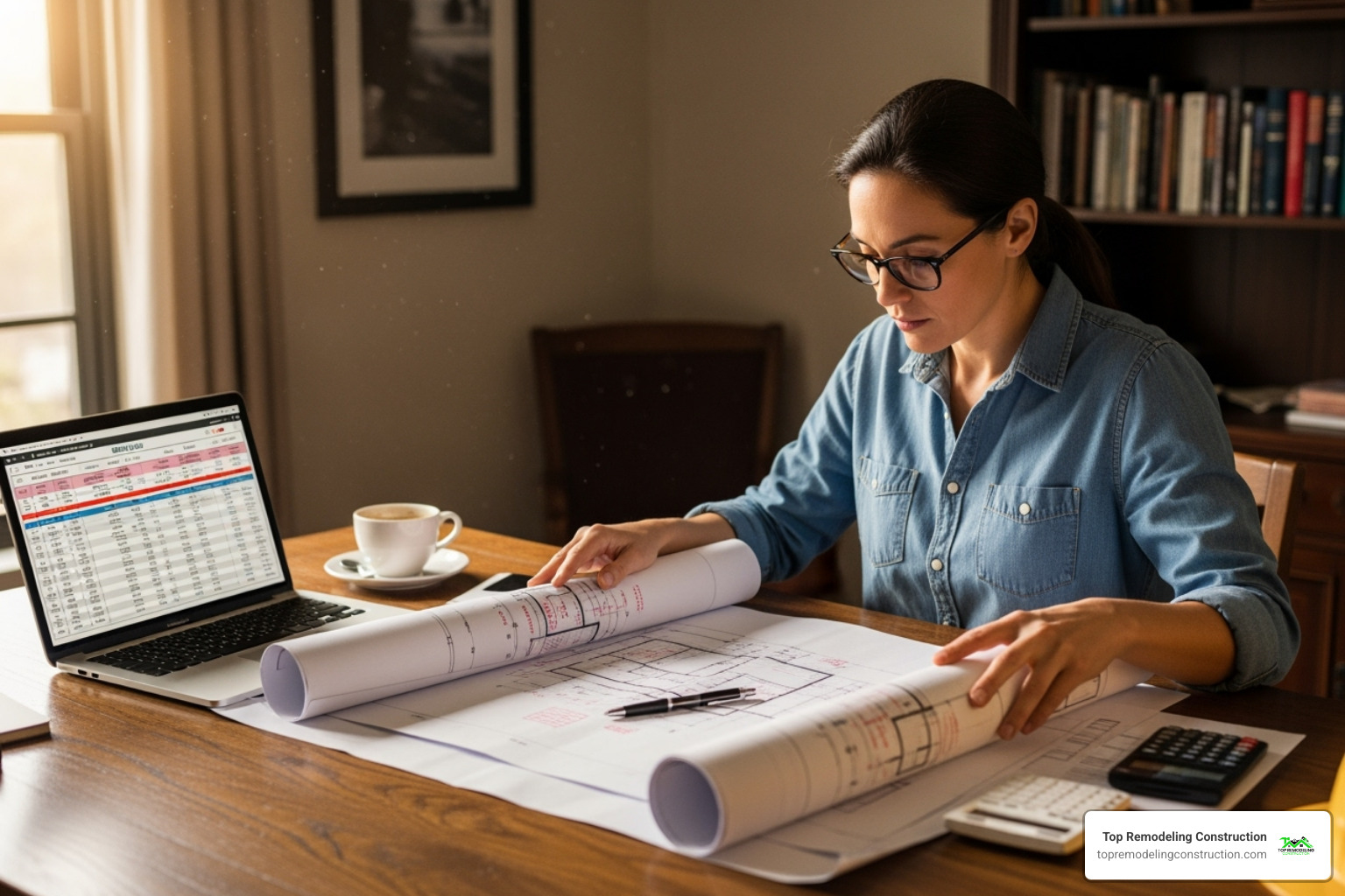 homeowner reviewing blueprints and a budget spreadsheet - home remodel services homeowner reviewing blueprints and a budget spreadsheet - home remodel services