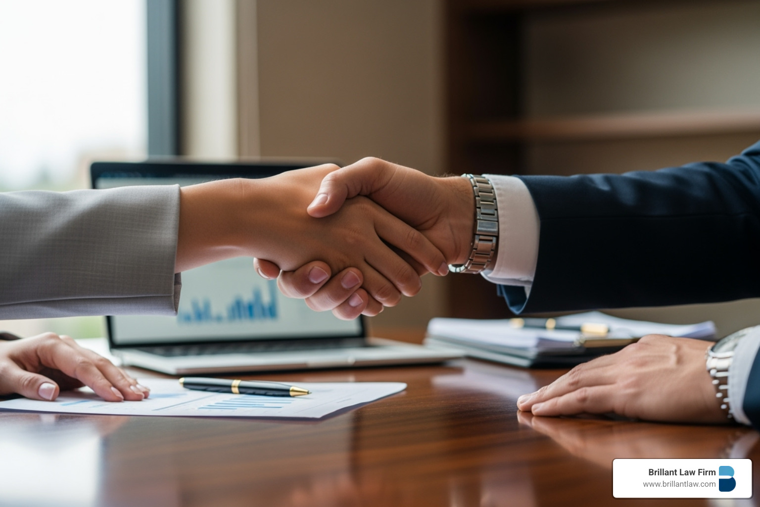 Two people shaking hands across a desk, symbolizing the trust and agreement involved in authorized representation. Two people shaking hands across a desk, symbolizing the trust and agreement involved in authorized representation.