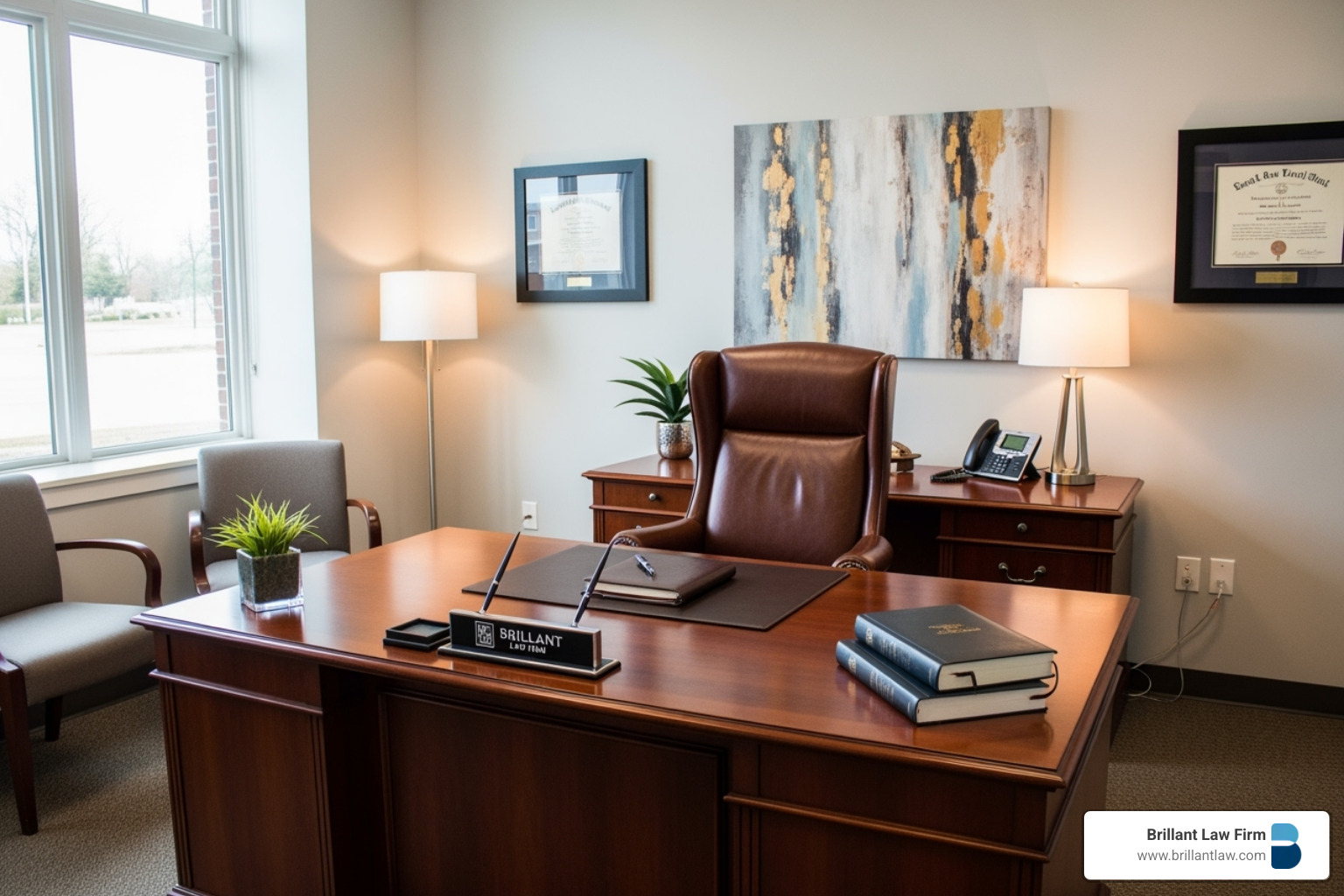 A professional office setting with a desk, chair, and a subtle Brillant Law Firm logo, conveying expertise and a welcoming environment for legal consultation. A professional office setting with a desk, chair, and a subtle Brillant Law Firm logo, conveying expertise and a welcoming environment for legal consultation.
