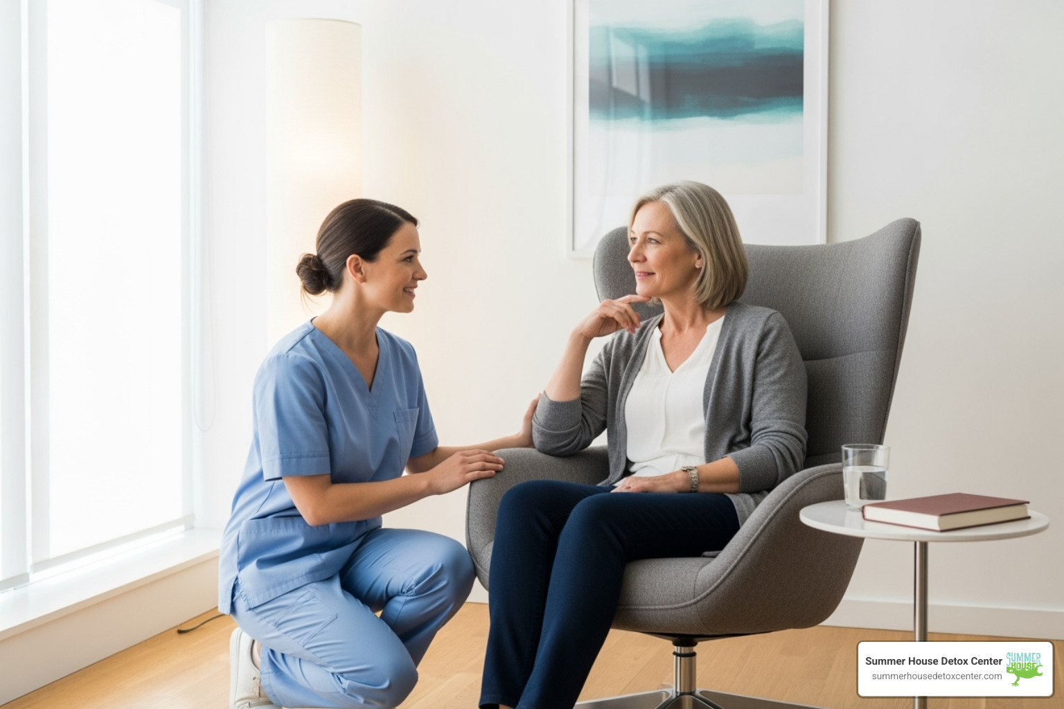 compassionate nurse talking to a patient in a comfortable, clinical setting - methadone detox at home