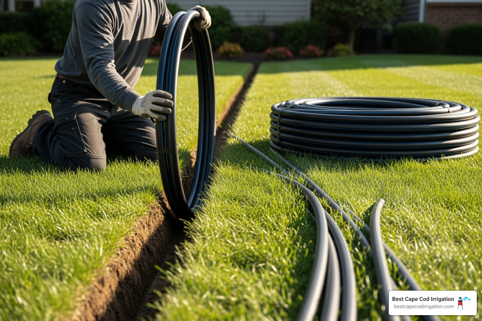 Person laying black poly pipe into a shallow trench - installing sprinkler system with poly pipe