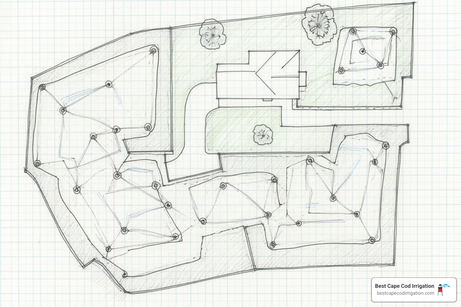Hand-drawn sprinkler system map on graph paper with zones and head placement - installing sprinkler system with poly pipe