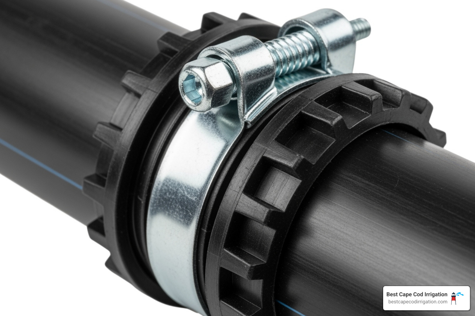 Close-up of a secure barb fitting with a clamp on poly pipe - installing sprinkler system with poly pipe
