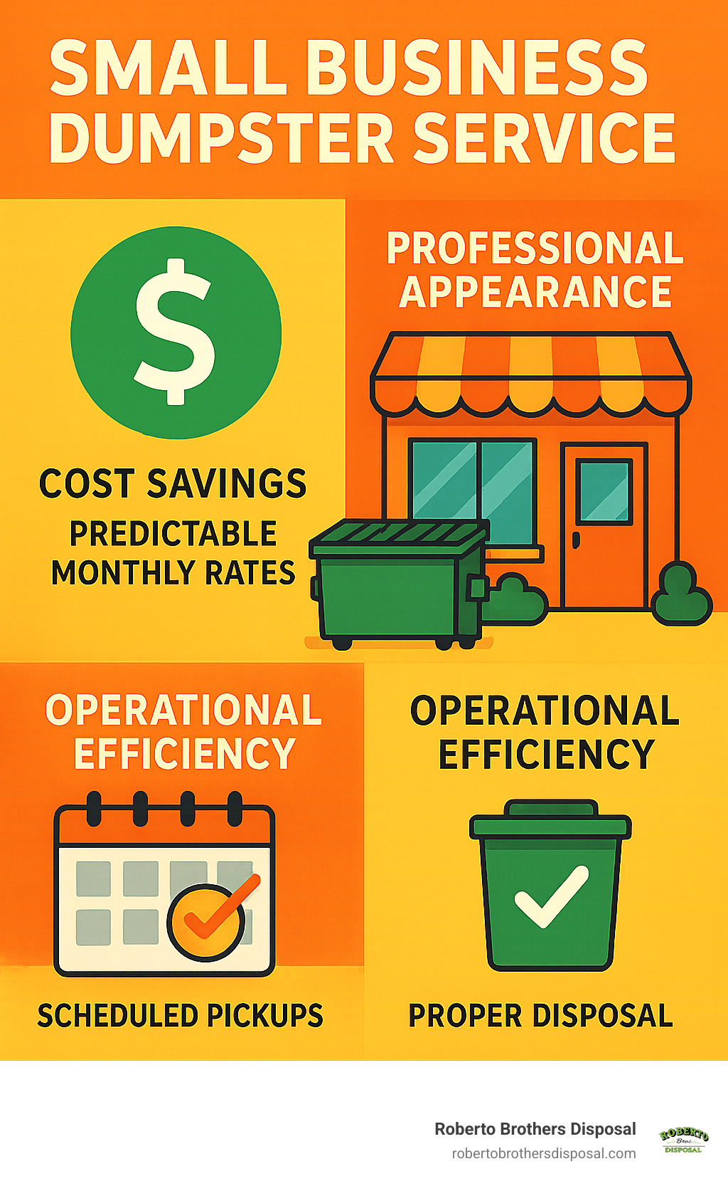 Infographic showing the four main benefits of small business dumpster service: cost savings through predictable monthly rates, professional appearance with clean waste management, operational efficiency through scheduled pickups, and compliance with proper disposal methods - small business dumpster service infographic 