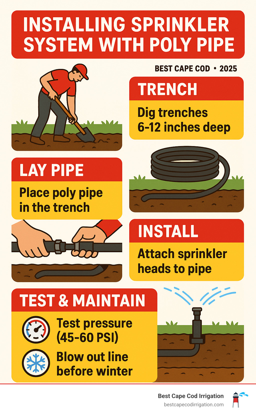 Step-by-step poly pipe sprinkler installation process showing trenching, pipe laying, fitting connections, sprinkler head placement, and system testing with pressure requirements and maintenance tips - installing sprinkler system with poly pipe infographic 