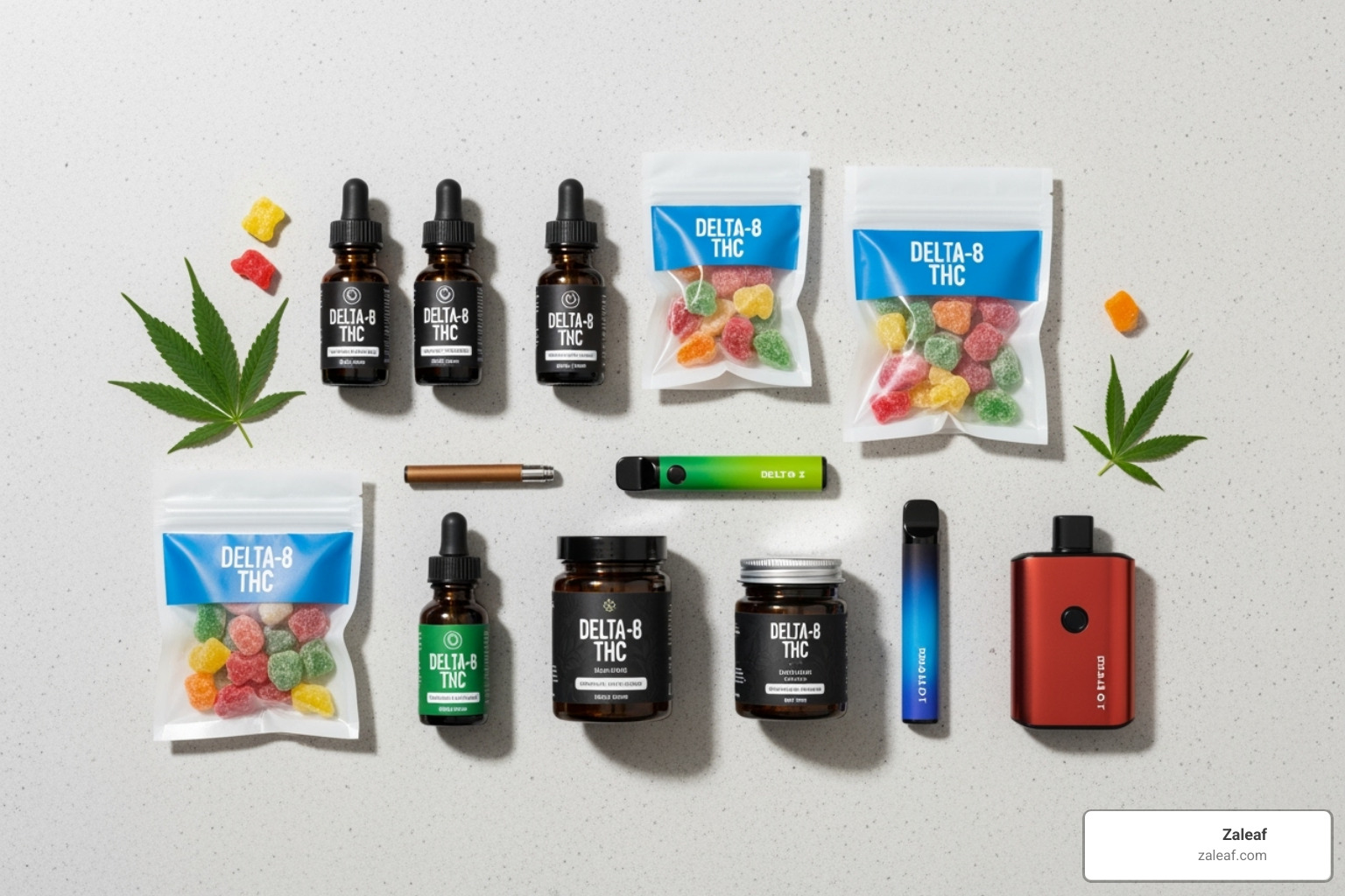 Various Delta-8 products like gummies and tinctures neatly arranged - Delta 8 for focus Various Delta-8 products like gummies and tinctures neatly arranged - Delta 8 for focus