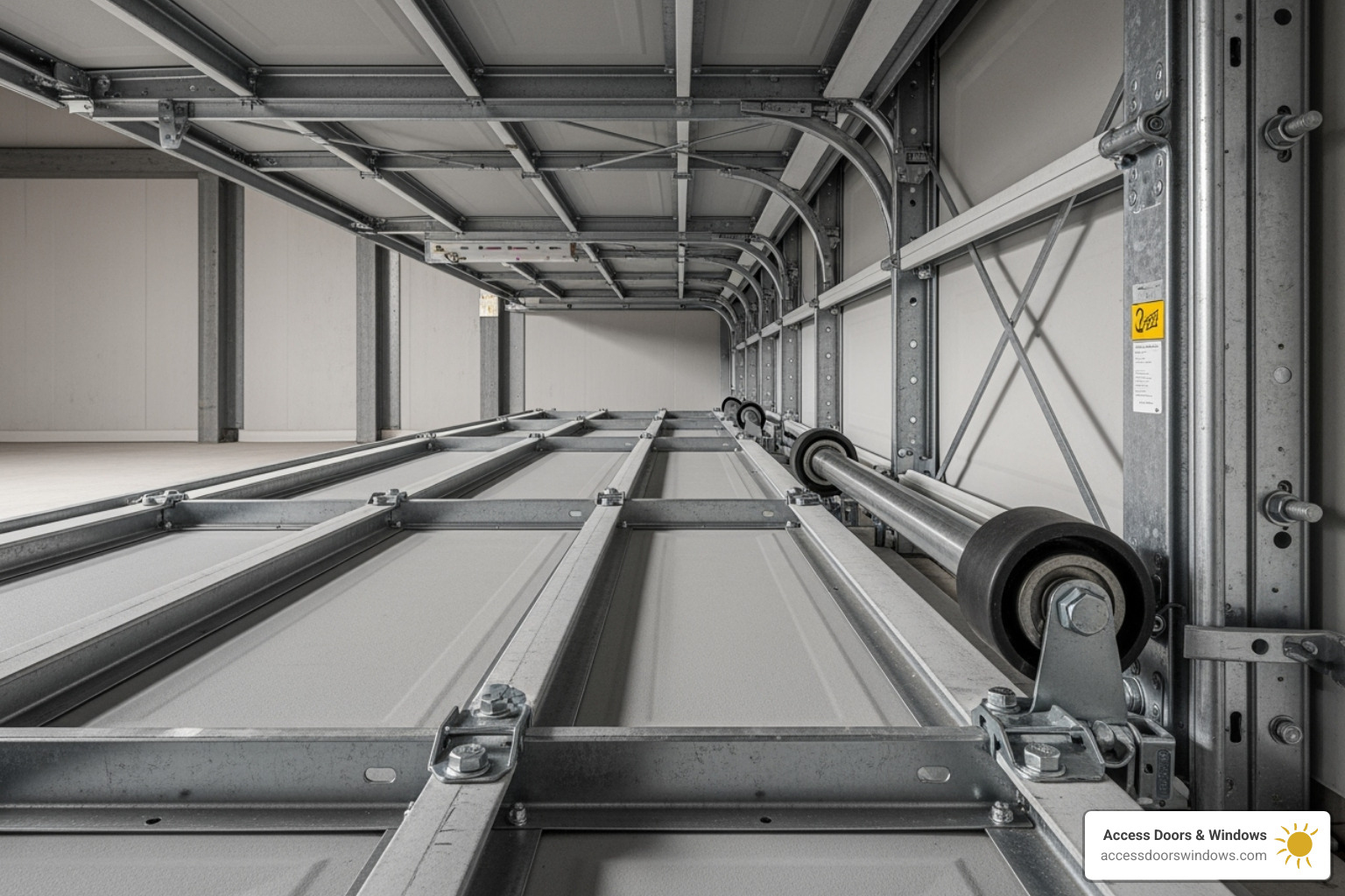 Inside of a hurricane-rated garage door, highlighting the horizontal reinforcement struts and heavy-duty track - how to tell if garage door is hurricane rated