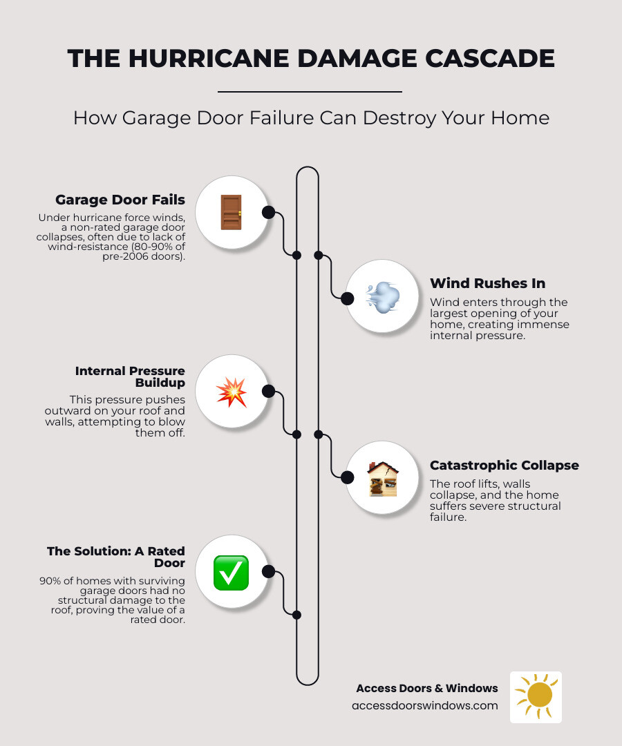 Infographic showing how garage door failure creates internal pressure leading to roof blowout and wall collapse, with statistics on damage rates and the cascade effect of compromised garage doors during hurricanes - how to tell if garage door is hurricane rated infographic infographic-line-5-steps-neat_beige