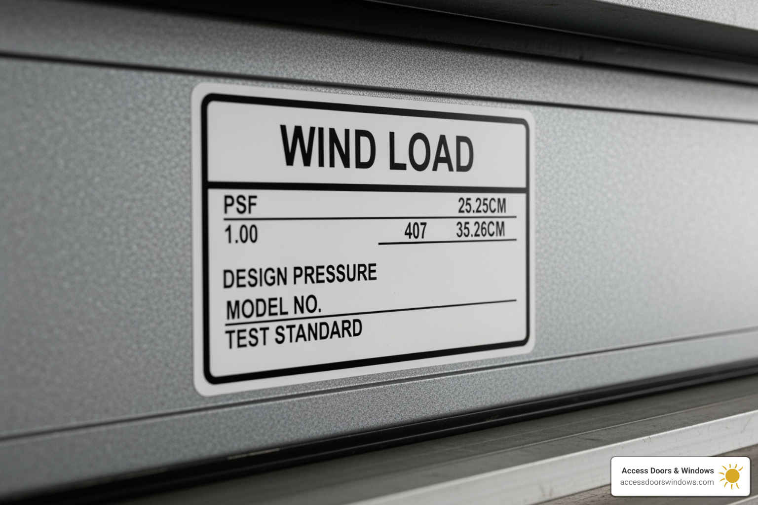 Close-up of a garage door wind load sticker - how to tell if garage door is hurricane rated