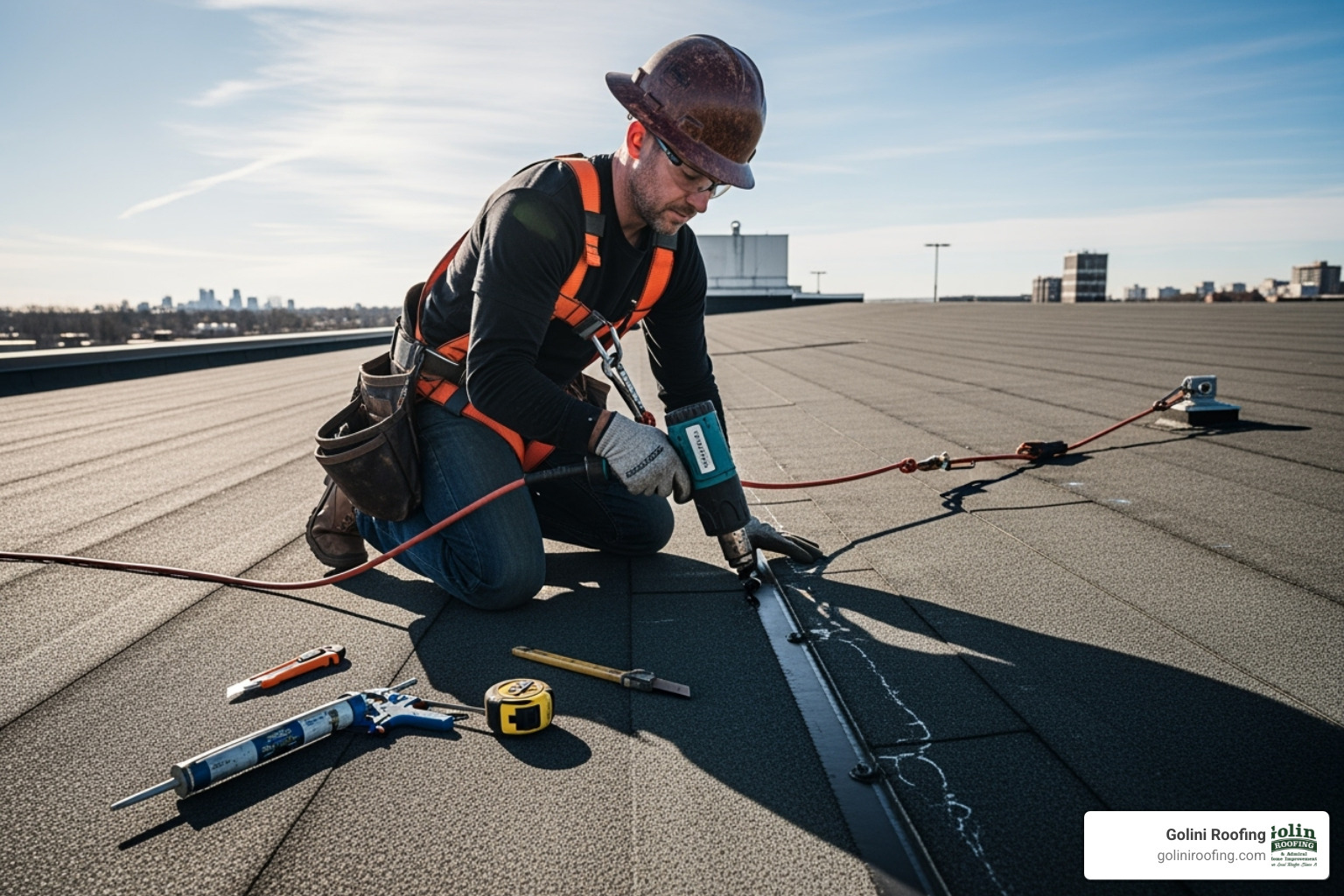 professional roofer with safety equipment on a flat roof - flat roof leak repair cost professional roofer with safety equipment on a flat roof - flat roof leak repair cost