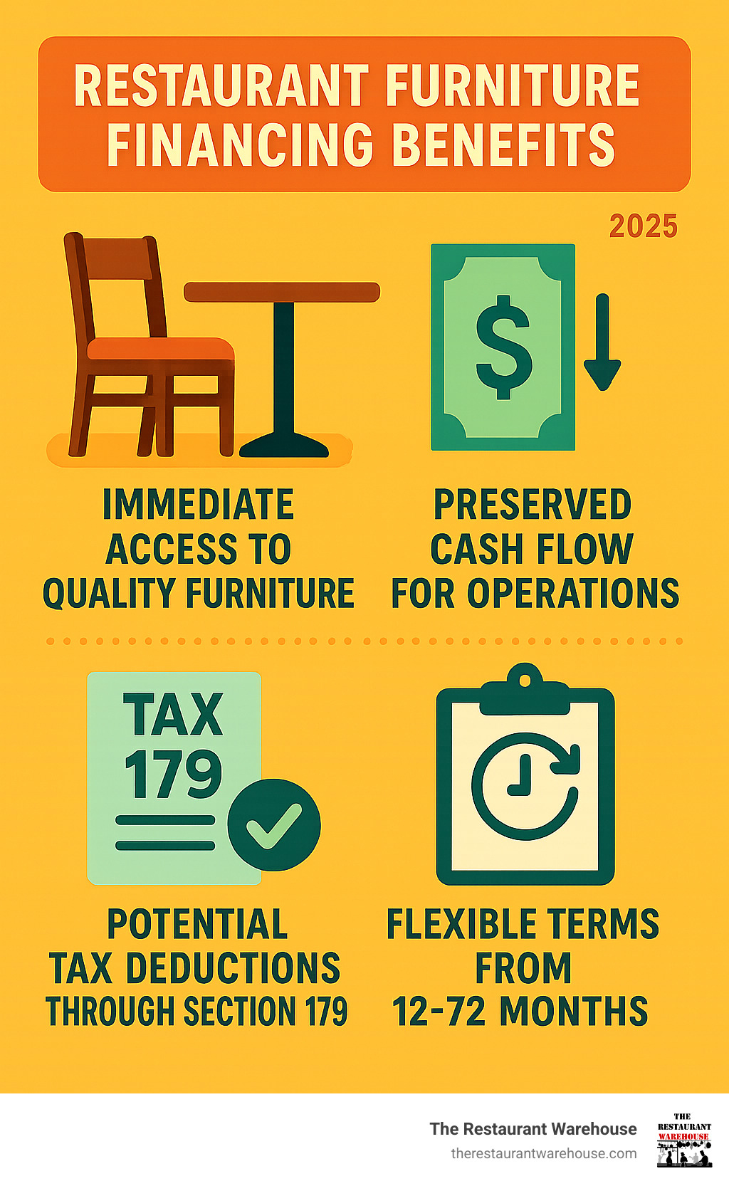 Infographic showing restaurant furniture financing benefits: immediate access to quality furniture, preserved cash flow for operations, potential tax deductions through Section 179, building business credit history, and flexible terms from 12-72 months - restaurant furniture financing infographic 