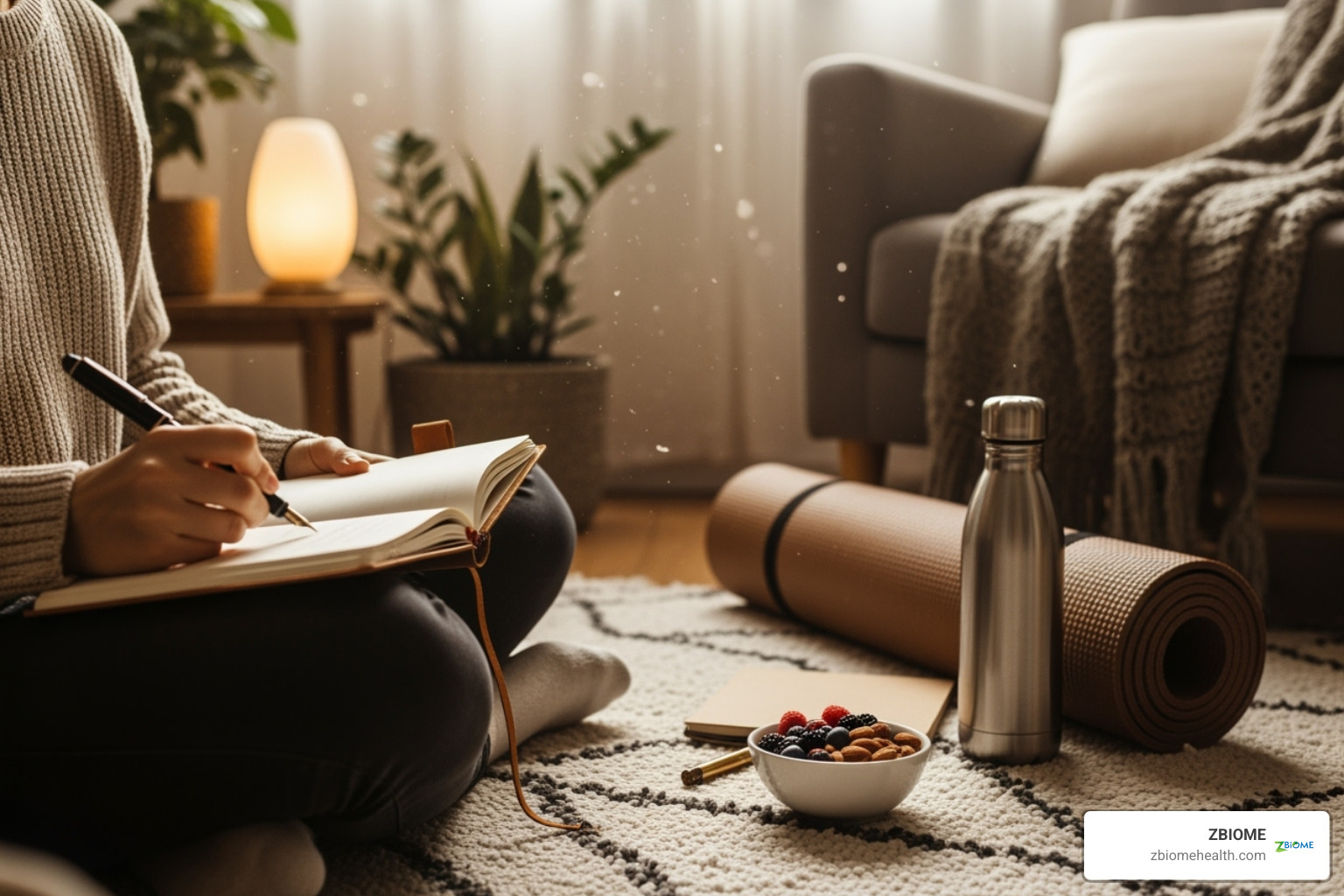 a person journaling with various wellness items around them like a yoga mat, water bottle, and healthy snack - daily wellness routine